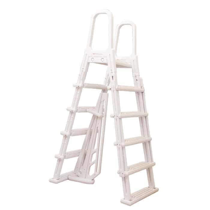 Two white plastic pool ladders with wide steps and handrails stand side by side next to the 12 x 23 x 54 Serenity Pool Package.