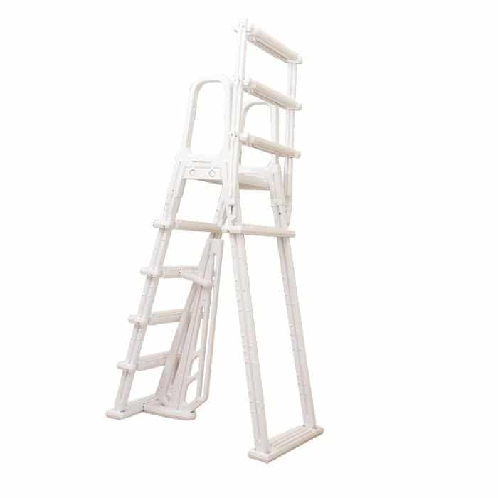 The Dominica A-Frame Ladder is a white, plastic above-ground pool ladder with handrails and steps on both sides, designed for easy pool entry and exit.