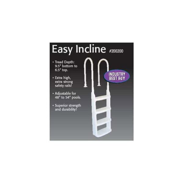 Product image of the Easy Incline In-Pool to Deck Ladder by Main Access, featuring white steps, adjustable height, superior strength, extra-high safety rails, and an Industry Best Buy badge.