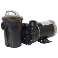 The PUMP-1 HP POWER-FLO is a black pool pump with a transparent brown lid on the filter housing, cylindrical motor, and side inlet/outlet connections, shown on a white background.