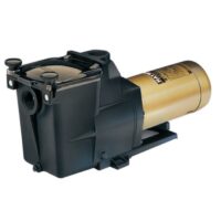 The PUMP-3/4 HP SUPER is a black and gold pool pump with a clear front chamber lid, shown in profile on its base, displaying the motor and housing against a white background.