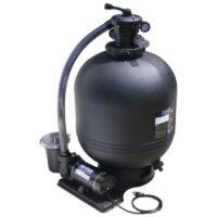 The SYS-SAND WW 16IN 1HP 1SPD LHP is a black, round sand filter system with pump, pressure gauge, hose, and cord on a platform against a white background.