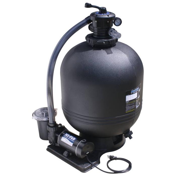The SYS-SAND WW 16IN 1HP 1SPD LHP is a black, round sand filter system with pump, pressure gauge, hose, and cord on a platform against a white background.