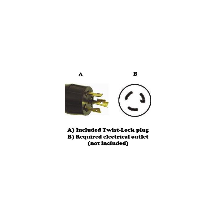 Image of the SYS-SAND WW 16IN 1HP 1SPD LHPs twist-lock plug (A) and required outlet (B). A: Twist-lock plug included. B: Required electrical outlet not included.