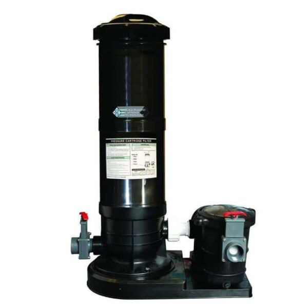 The 12 x 23 x 54 Pinnacle Pool Package includes a tall, cylindrical black filter with labels and valves, plus a compact pump mounted on the right side, all set on a rectangular base.