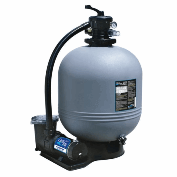 The SYS-SAND WW 19IN 3/4HP 1S LHP features a gray sand filter with a black top multiport valve, hose attachment, and base-mounted black pump, all set on a sturdy black platform.