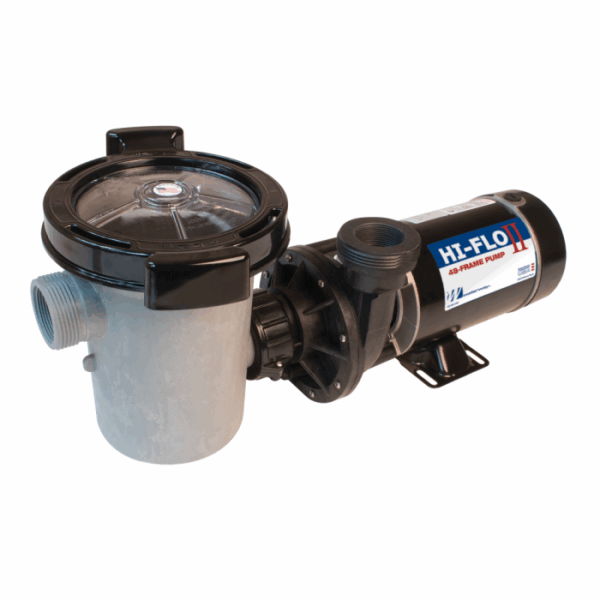 The WATERWAY High Flo II PUMP-1HP 2SPEED features a black motor housing, clear-lidded filter chamber, and large threaded intake and output connectors in a 48-frame design.