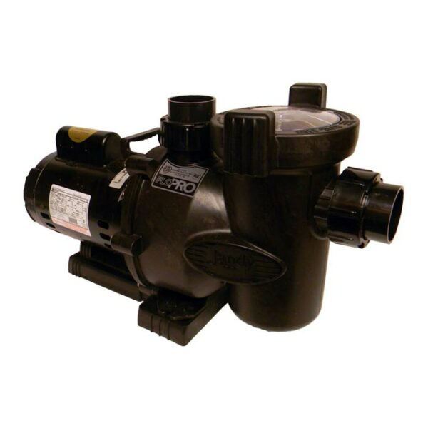 The PUMP-1HP FLO PRO ING is a black pool pump with a clear strainer lid, cylindrical motor housing, intake and outflow fittings, and an easy-carry handle.