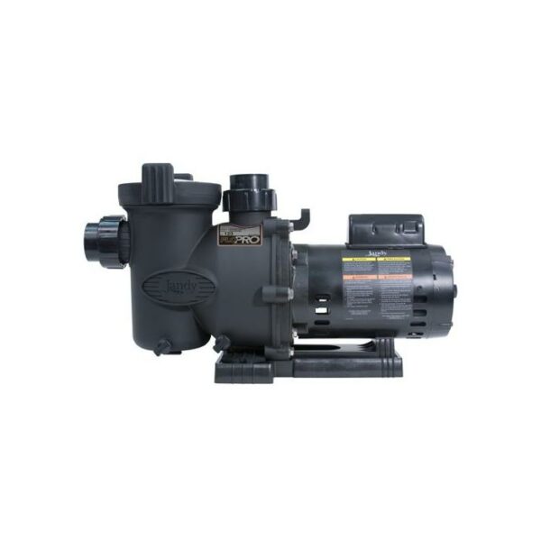 A black PUMP-1HP FLO PRO ING pool pump featuring a cylindrical motor, labeled housing, control knobs, and a transparent lid is displayed on a white background.