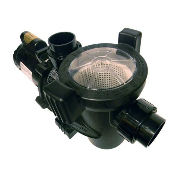 The PUMP-1HP FLO PRO ING is a black plastic pool pump strainer featuring a clear lid, large side inlet and outlet ports, and an internal basket for debris collection.