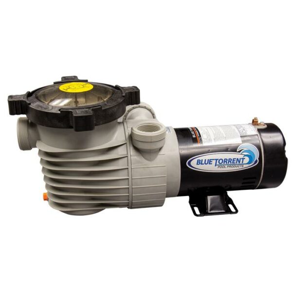 The Hurricane-D2 1.5HP 2Speed pool pump features a black motor housing, gray ribbed body, clear lid, and two pipe fittings, shown on a white background.