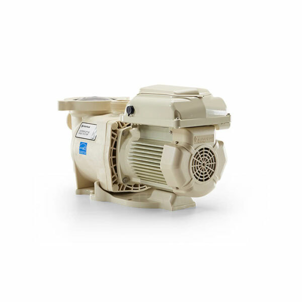 The PUMP-SUPERFLO VS 2.2THP is a beige electric pool pump with a vented motor housing, label, and sturdy base, shown against a plain white background.