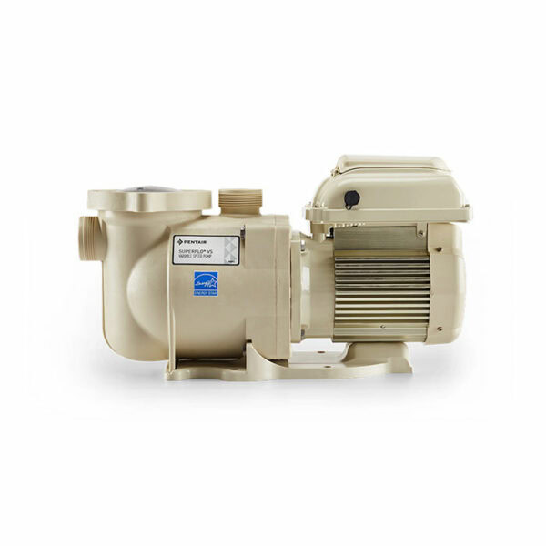 The PUMP-SUPERFLO VS 2.2THP is a beige pool pump with a cylindrical motor on the right and a large intake housing on the left, viewed from the side, featuring labels and a finned motor cover.