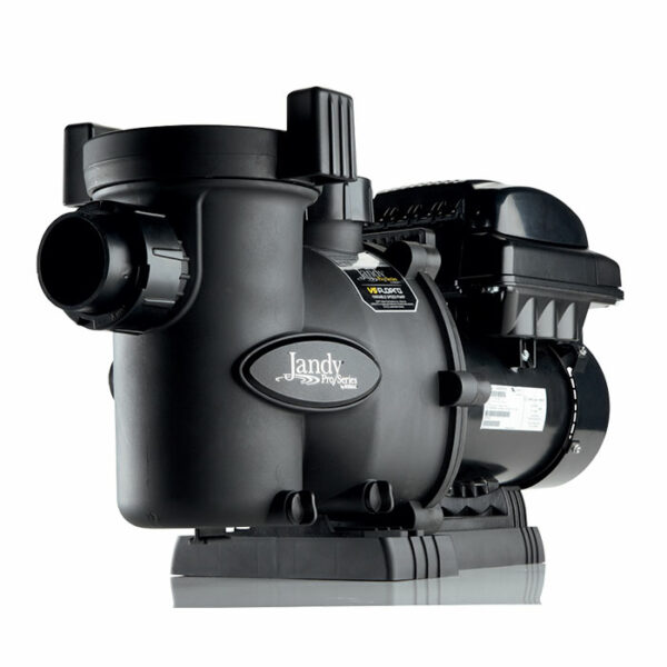 A black PUMP-1.65HP VS FLOPRO W/CTRL with a cylindrical body, intake and output valves, and a prominent label, shown against a white background.