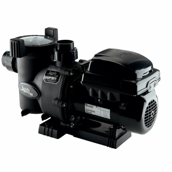 A black PUMP-1.65HP VS FLOPRO W/CTRL Jandy Pro Series pool pump with a clear lid, multiple inlet/outlet ports, ventilation grilles, and a rectangular mounting base.