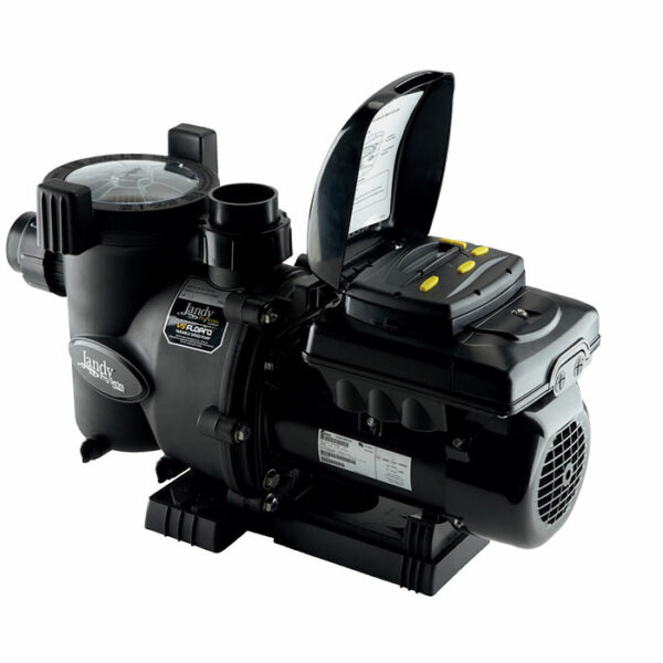A PUMP-1.65HP VS FLOPRO W/CTRL in black with its control panel cover open, revealing buttons and display; features intake and output pipes and a transparent lid on the strainer basket.