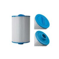 The CRTG Seasonmaster 50SqFt New is a cylindrical pool or spa filter cartridge with blue plastic end caps and white pleated filter material, shown from the side, top, and bottom views.