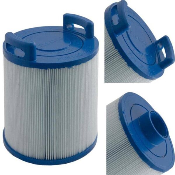 The Season Master Skim Filter 25 Sq Ft is a cylindrical cartridge with pleated white material and blue plastic end caps, shown from multiple angles to highlight its top, side, and connector details.
