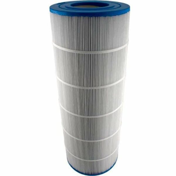 The Hayward Star Clear II 100 Sq Ft is a cylindrical pleated pool or spa filter cartridge with blue plastic ends and white filter material, shown standing upright against a white background.