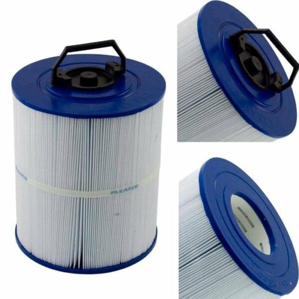 The Hayward Skim Filter 40 Sq Ft is a cylindrical pool filter cartridge with white pleated material, blue end caps, and a black top handle, shown from various angles.