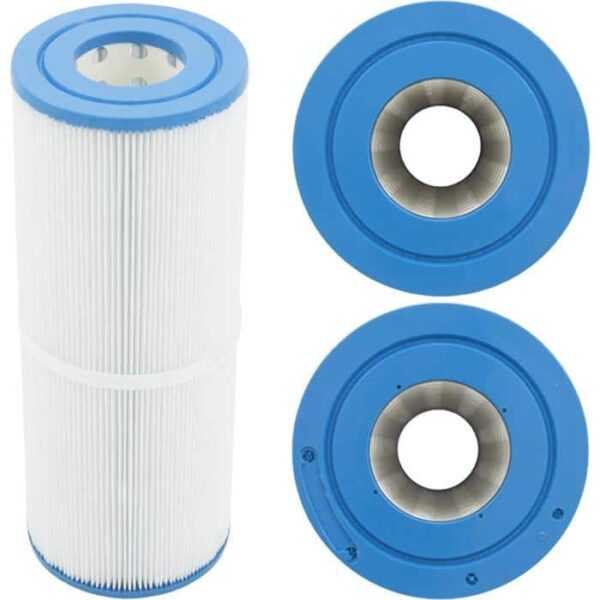 The Hayward CX225RE 25 Sq Ft pool filter cartridge is pictured from the side, top, and bottom, highlighting its pleated white filter media, central openings, and blue plastic end caps.