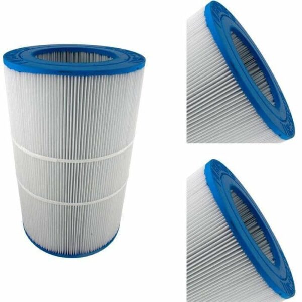 The Predator/Cal Spas 75 Sq Ft filter features a cylindrical pleated design with white filtering material and blue plastic end caps, displayed from multiple angles on a white background.