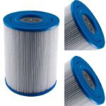 The Hayward CX250RE 25 Sq Ft filter cartridge features pleated white material and blue plastic end caps, displayed from three angles against a white background.