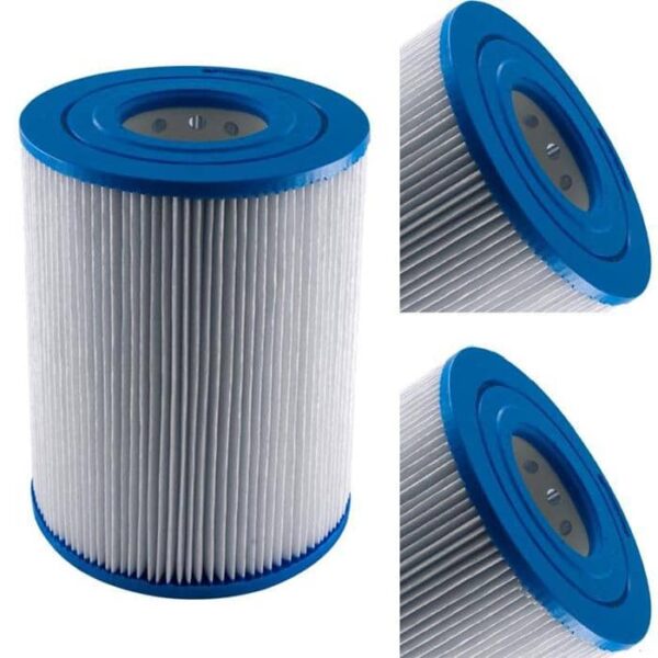 The Hayward CX250RE 25 Sq Ft filter cartridge features pleated white material and blue plastic end caps, displayed from three angles against a white background.