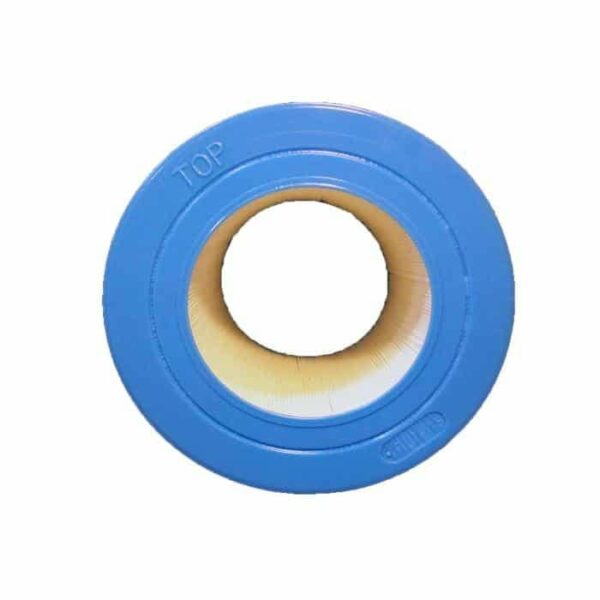 A Jacuzzi/Dirt Devil CFR-50 50 Sq Ft filter is shown from above, featuring a white roll of thread seal tape wound inside a blue plastic spool with TOP embossed on it.
