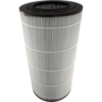 The Jacuzzi/Dirt Devil CFR-100 100 Sq Ft is a cylindrical pleated filter cartridge with white filter material and black plastic end caps, shown upright against a plain white background.