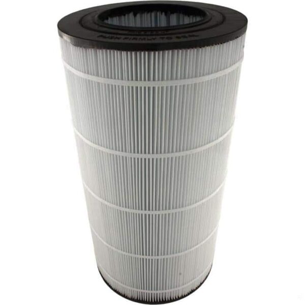 The Jacuzzi/Dirt Devil CFR-100 100 Sq Ft is a cylindrical pleated filter cartridge with white filter material and black plastic end caps, shown upright against a plain white background.
