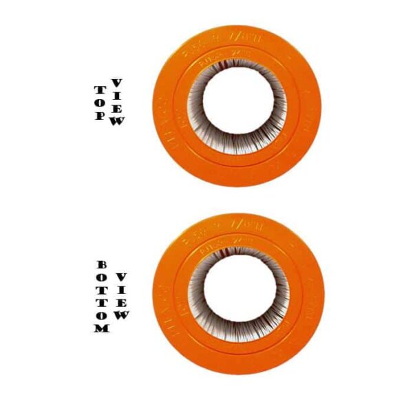 Two orange circular Jacuzzi/Dirt Devil CFR-100 100 Sq Ft filters with bristles in the center are shown from top and bottom views, labeled “Top View” and “Bottom View” vertically beside each filter.