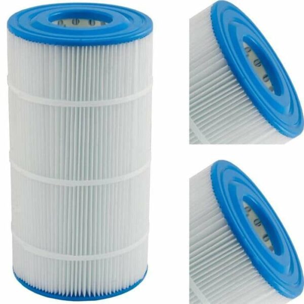 The Jacuzzi CE 40 Sq Ft is a cylindrical pool or spa filter cartridge with white pleats and blue end caps, shown from the side and top in three views against a white background.