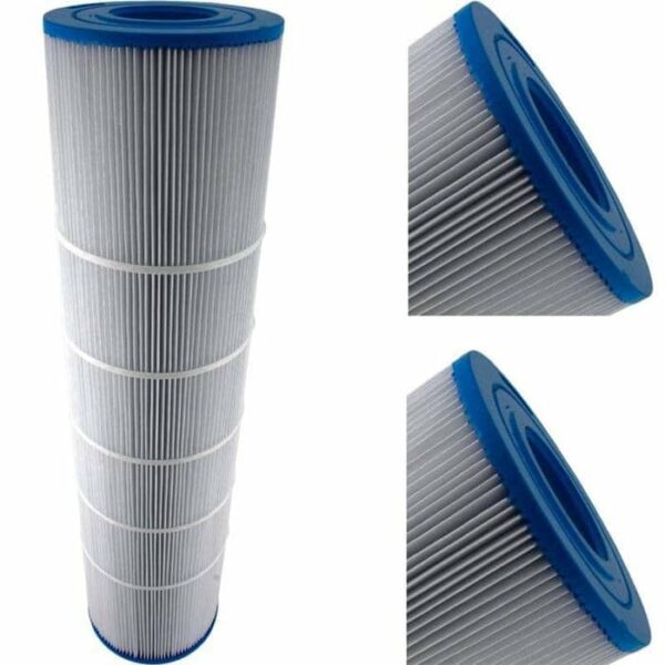 The Hayward Star Clear C-750 75 Sq Ft pool filter cartridge features blue end caps and a cylindrical, pleated design. Shown from various angles, its ridged surface and openings on each end are clearly visible.