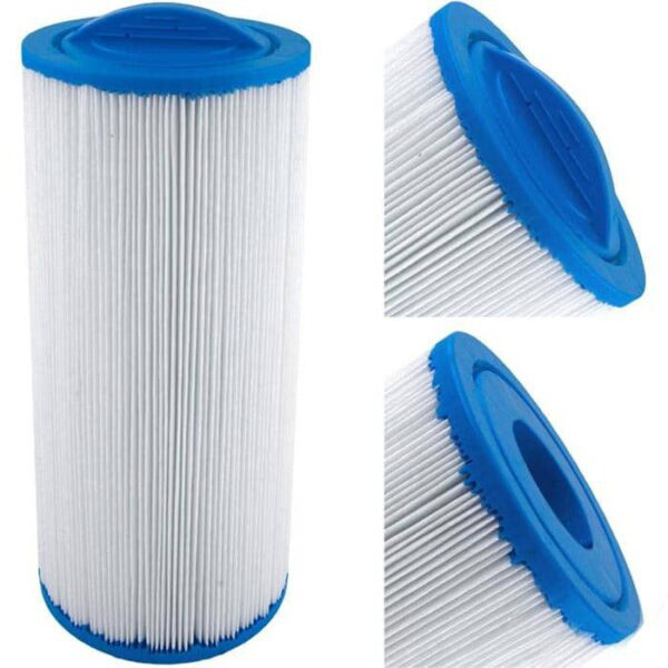 The Skim Filter 25 Sq Ft, a cylindrical pleated pool or spa cartridge with blue plastic end caps, is shown from the top, bottom, and side.