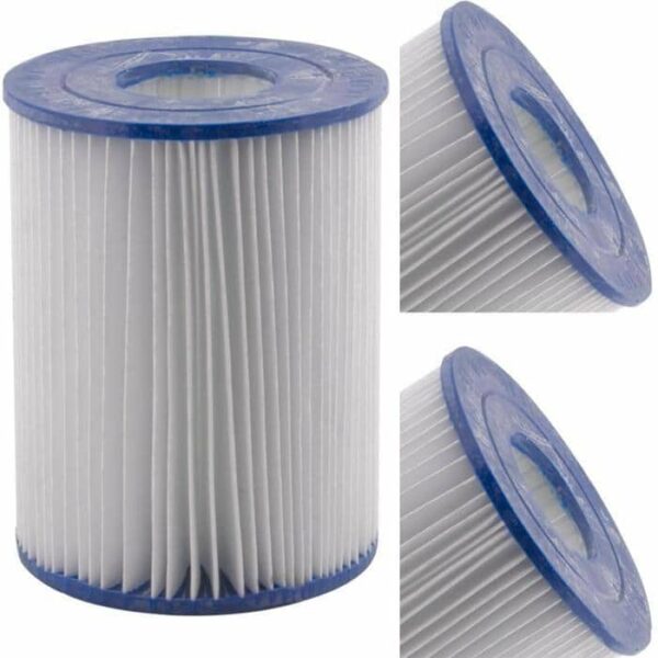 The Muskin/Sears 16 Sq Ft cylindrical pool filter cartridge features white pleated material and blue plastic end caps, displayed from three different angles.
