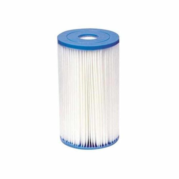 The Intex B Filter 15 Sq Ft is a cylindrical pool filter cartridge with blue top and bottom caps and white pleated filter material in the center, displayed against a plain white background.