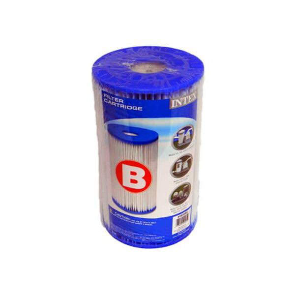 The Intex B Filter 15 Sq Ft, in blue and white, is shown in clear plastic packaging. The label features a large red B, product details, and three small circular images on the right side.