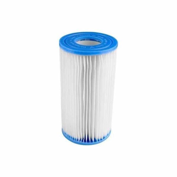 The Intex A Filter 5 Sq Ft is a cylindrical white pleated cartridge with blue plastic rims on both ends, shown standing upright against a plain white background.
