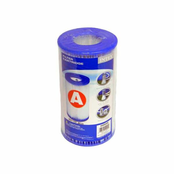 The Intex A Filter 5 Sq Ft is a blue and white cylindrical pool filter cartridge labeled “A,” featuring images and instructions on the packaging.