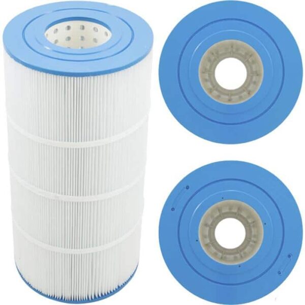 The Waterway Pro Clean/Clearwater 100 pool filter cartridge, featuring white pleated material and blue plastic ends, is displayed from the side and both top angles.