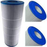 The Waterway Pro Clean/Clearwater 150 is a large cylindrical pool filter cartridge with white pleated material and blue plastic end caps, shown from multiple angles to highlight its structure and top holes.