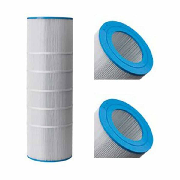 The Waterway ProClean/Clearwater 200 pool filter cartridge is cylindrical with white pleated material and blue end caps, displayed in a full side view plus two angled close-ups highlighting the end caps.