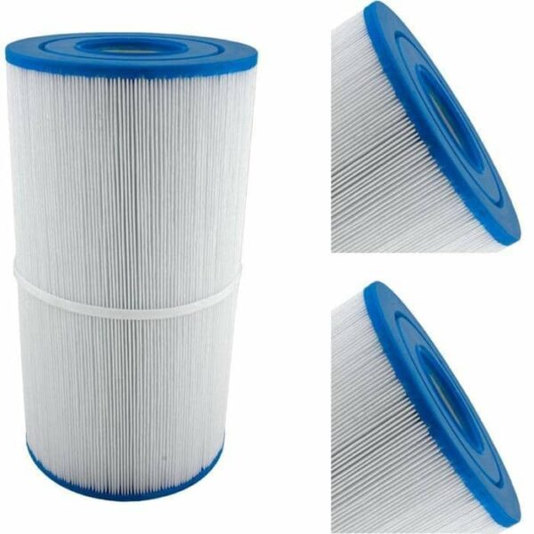 The Leisure Bay 45 Sq Ft is a cylindrical pool or spa filter cartridge featuring white pleated material and blue end caps, displayed from side and top views.