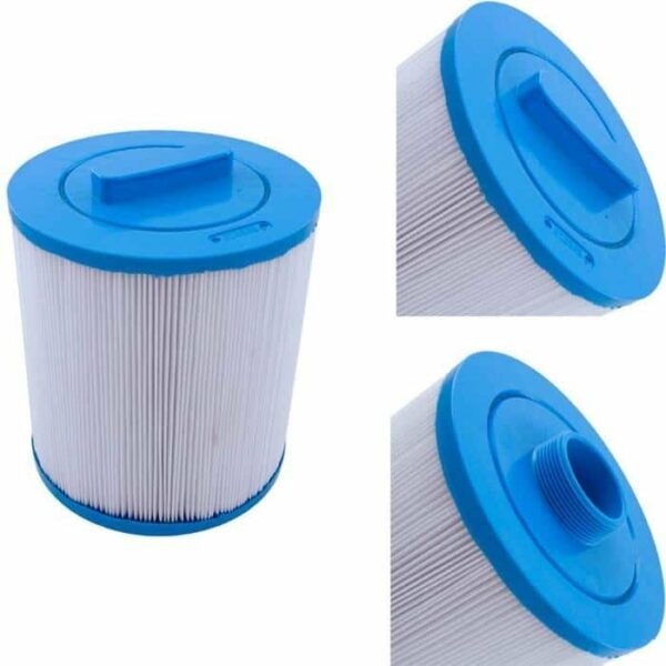 The Advanced/LA Spas - Aber 47 Sq Ft filter cartridge features white pleats, blue end caps, a handle on one end, and a threaded connector on the other, displayed from three angles.