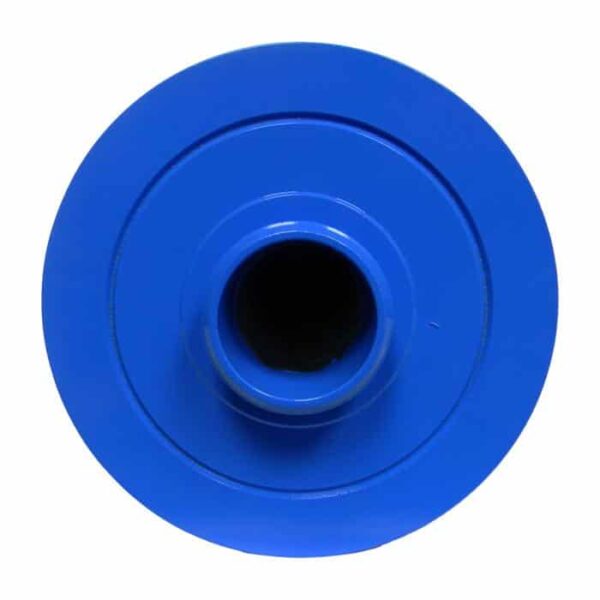 A top-down view of an Advanced/LA Spas - Aber 47 Sq Ft blue plastic bottle cap with a central opening, set against a white background.