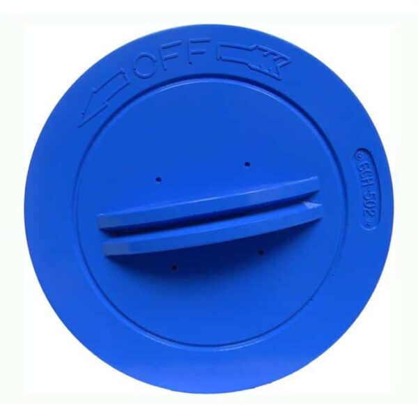 The Advanced/LA Spas - Aber 47 Sq Ft is a round blue plastic control knob with a raised OFF marking, arrow indicator, horizontal grip center with three holes, and embossed edge labeled 6541-502.