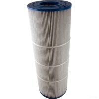 The CRTG 55 SQFT EASY-CLEAR is a cylindrical pool filter cartridge featuring pleated white material and blue plastic end caps, shown standing upright against a plain background.