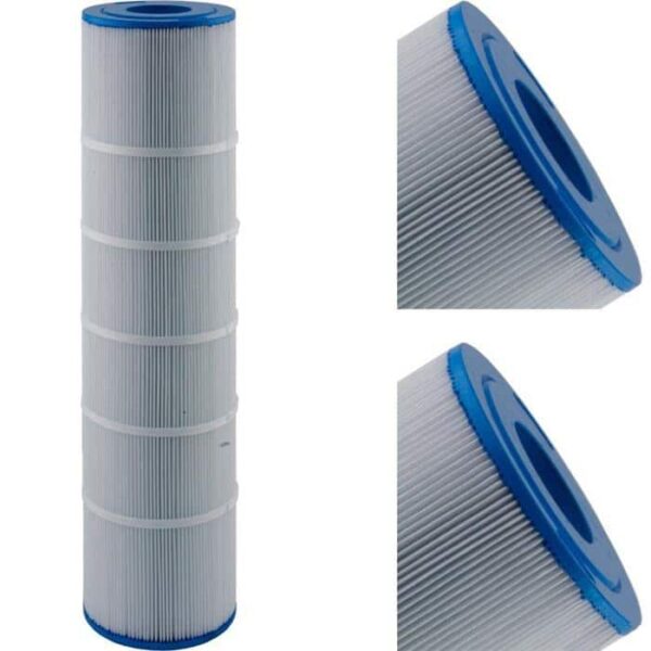 The Jandy CL340 85 Sq Ft cylindrical pleated pool filter cartridge with blue end caps is shown upright on the left and in two close-up angled views on the right.