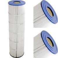 The Hayward CX1000RE 100 Sq Ft is a tall, cylindrical pool or spa filter cartridge with white pleated material and blue plastic end caps, shown from various angles on a white background.